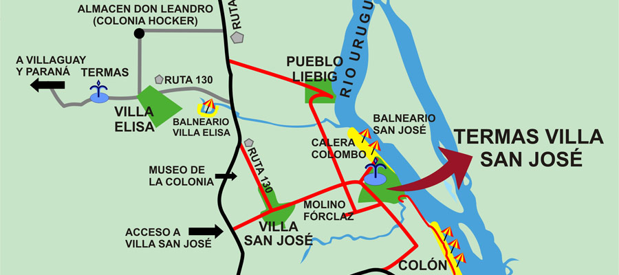Mapa de la ubicación de Colonia Hocker señalando que está cerca de la ruta 130 muy cerca de la Ciudad de Villa Elisa; y San José en Entre Ríos.